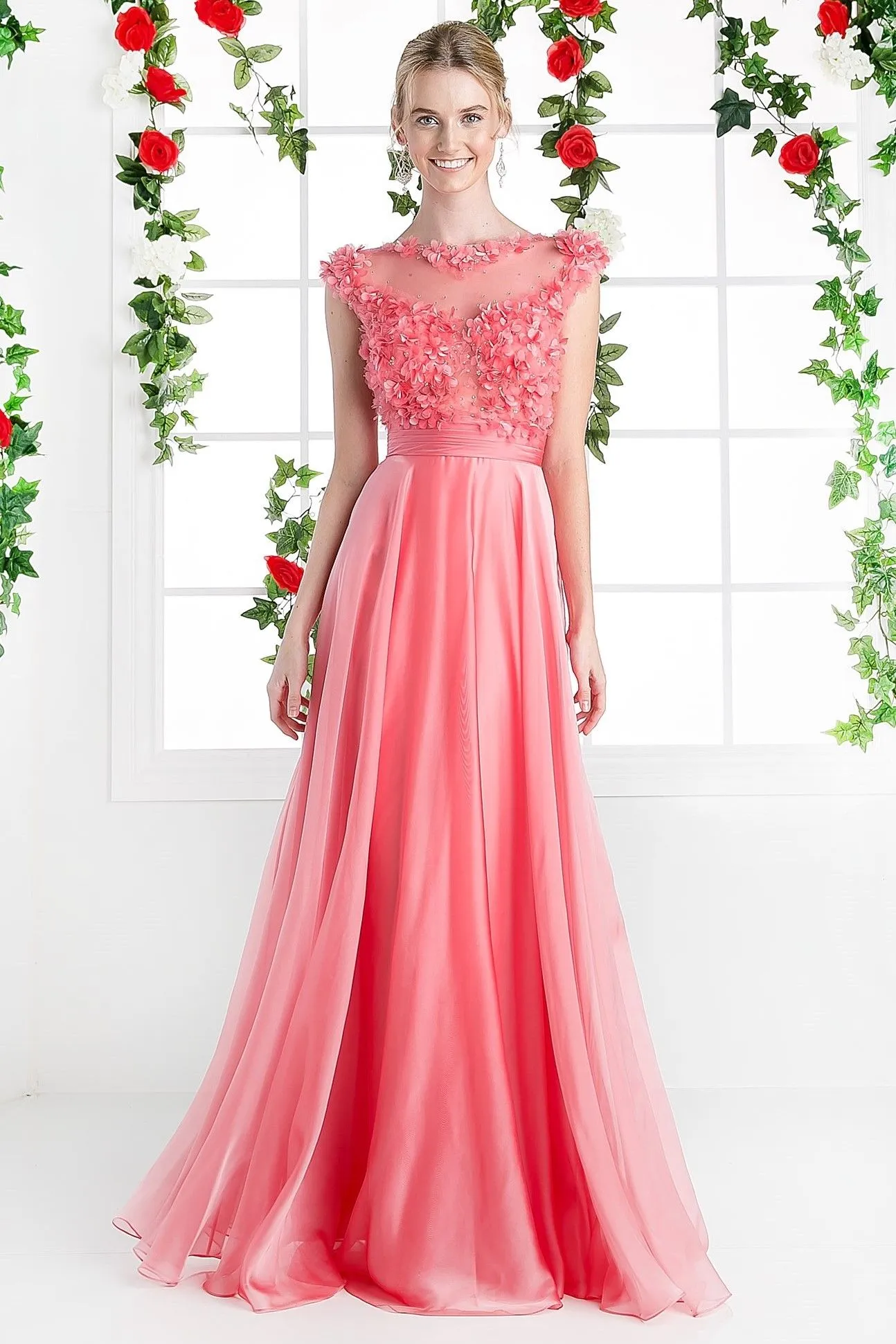 Beaded Applique Chiffon A - Line Dress CDCJ218