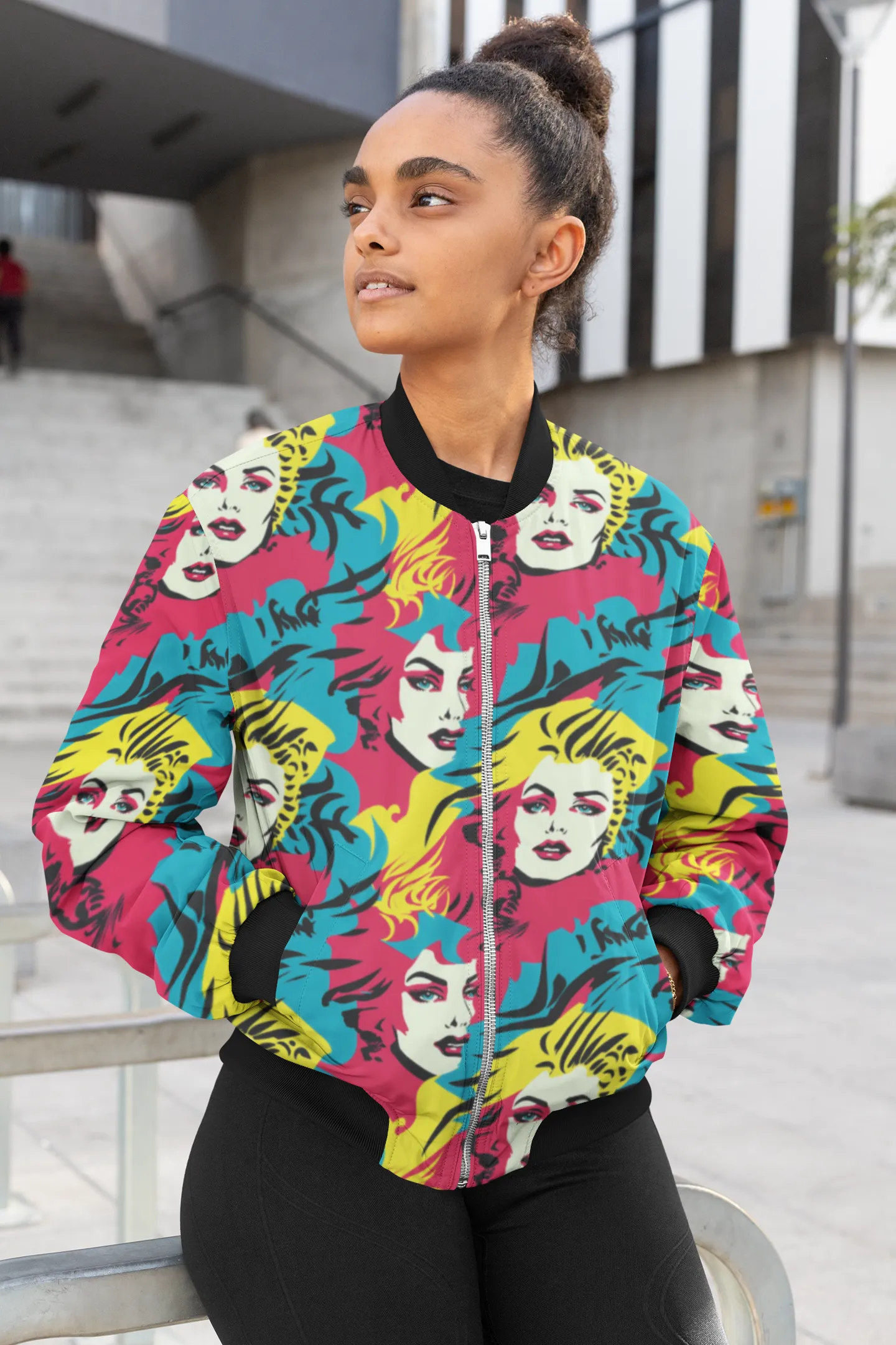 Bold Beauty: Pop Art Bomber Jacket with Striking Woman's Face