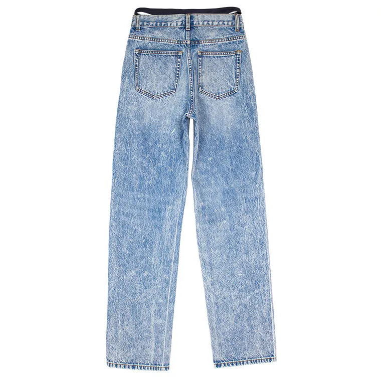 Fake Two-piece Stitching Bikini Straight Denim Pant