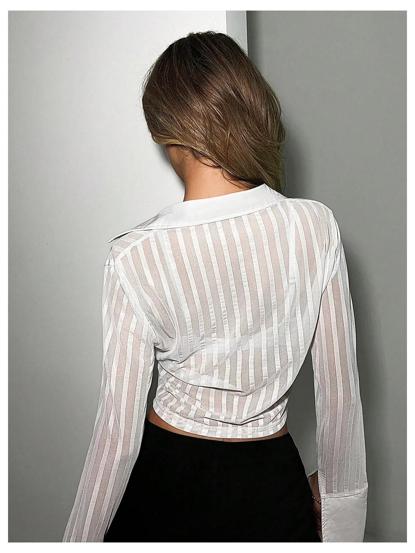 GORGLITTER Women's Sexy Mesh Striped Crop Tops See Through Long Sleeve Sheer Button Down Shirts White Small