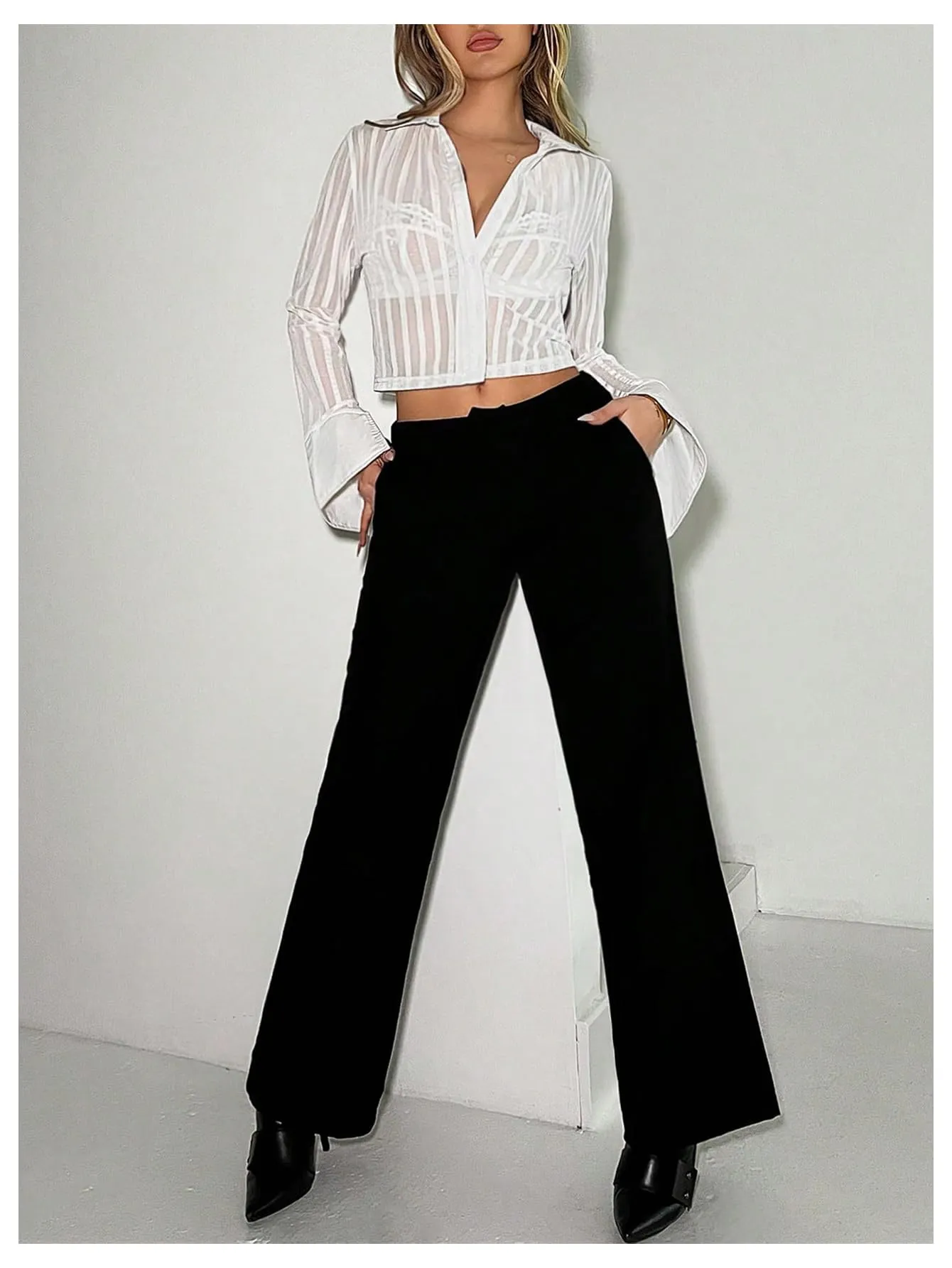 GORGLITTER Women's Sexy Mesh Striped Crop Tops See Through Long Sleeve Sheer Button Down Shirts White Small