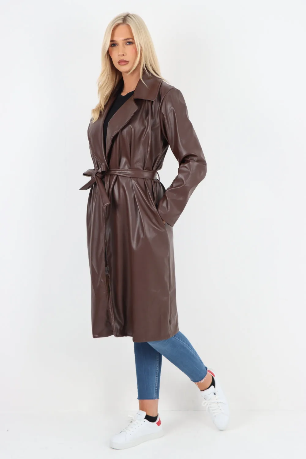 Italian PU Faux Leather Longline Waterfall Jacket Coat