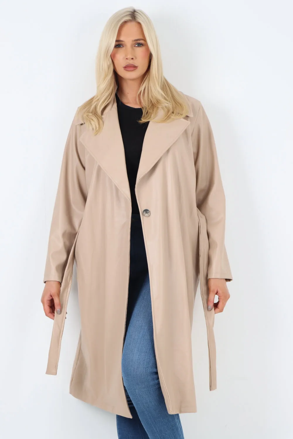 Italian PU Faux Leather Longline Waterfall Jacket Coat