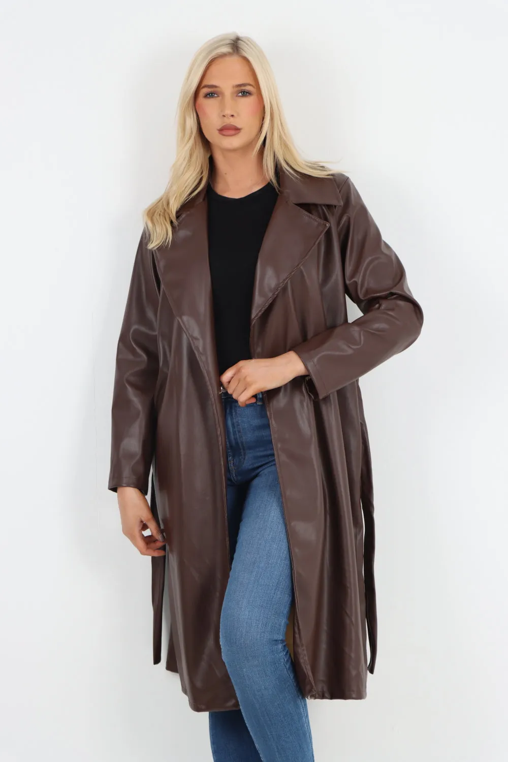 Italian PU Faux Leather Longline Waterfall Jacket Coat