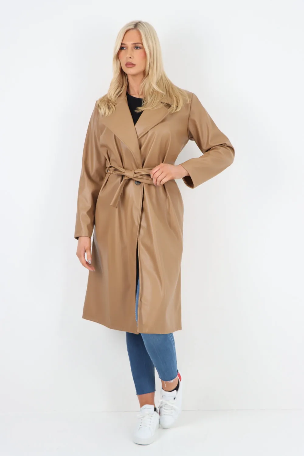 Italian PU Faux Leather Longline Waterfall Jacket Coat