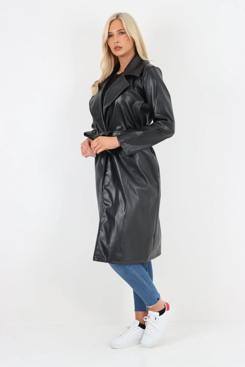 Italian PU Faux Leather Longline Waterfall Jacket Coat