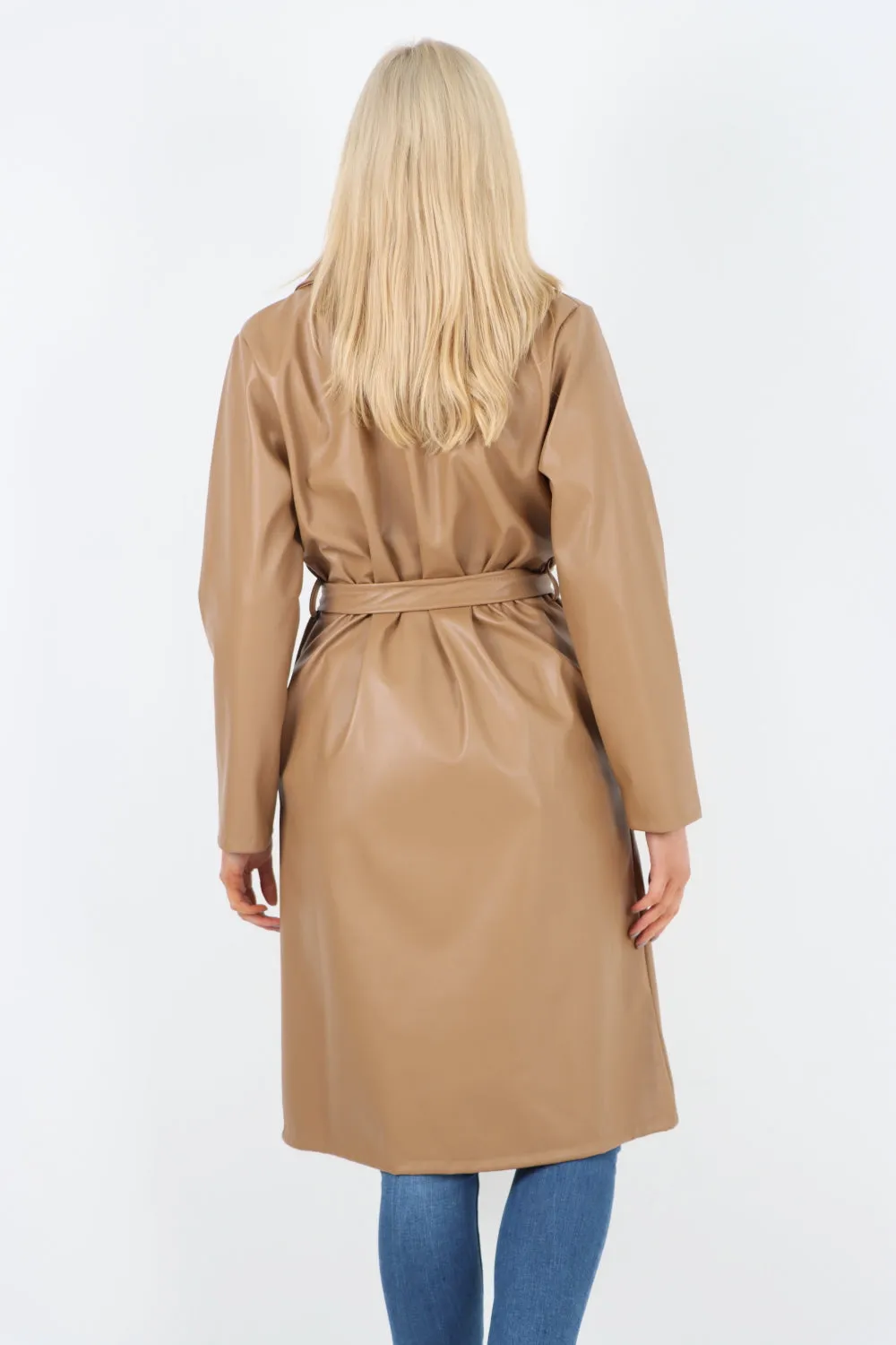 Italian PU Faux Leather Longline Waterfall Jacket Coat
