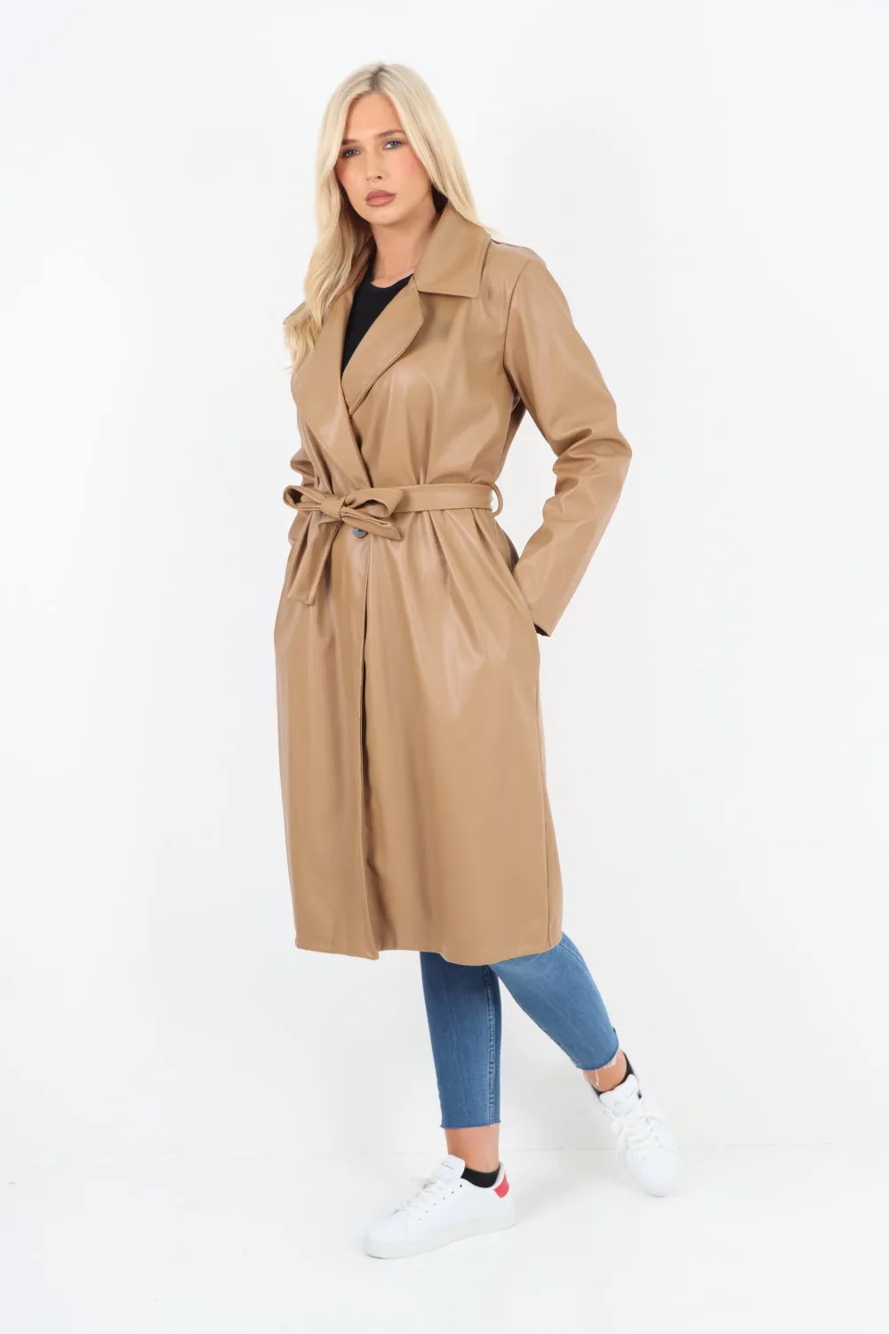 Italian PU Faux Leather Longline Waterfall Jacket Coat
