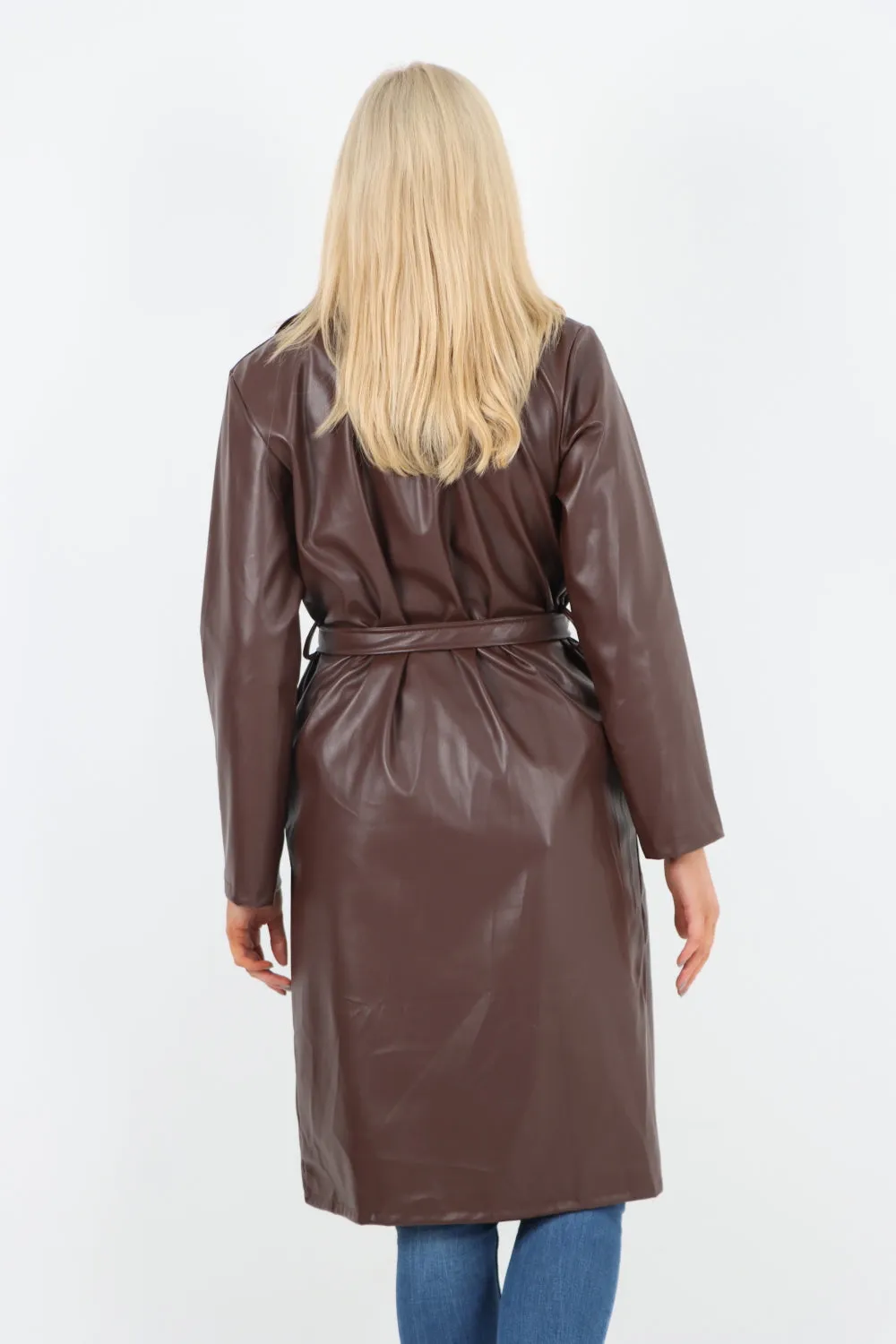 Italian PU Faux Leather Longline Waterfall Jacket Coat