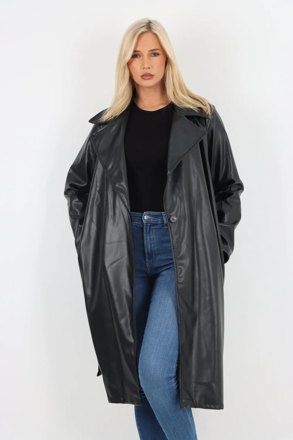 Italian PU Faux Leather Longline Waterfall Jacket Coat