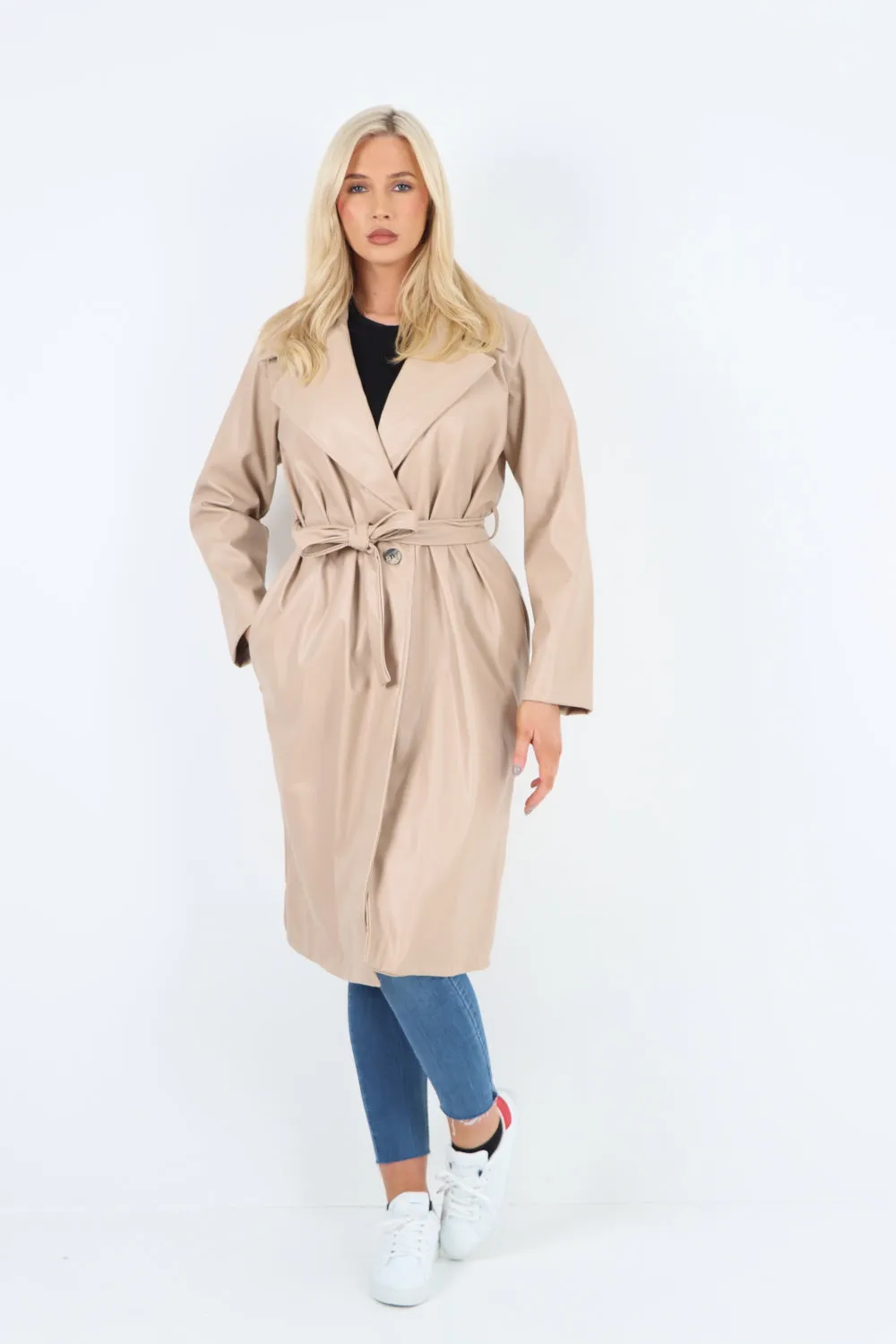 Italian PU Faux Leather Longline Waterfall Jacket Coat