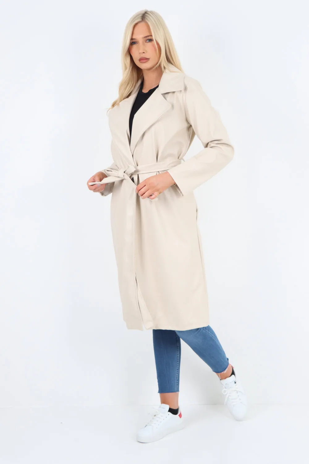 Italian PU Faux Leather Longline Waterfall Jacket Coat