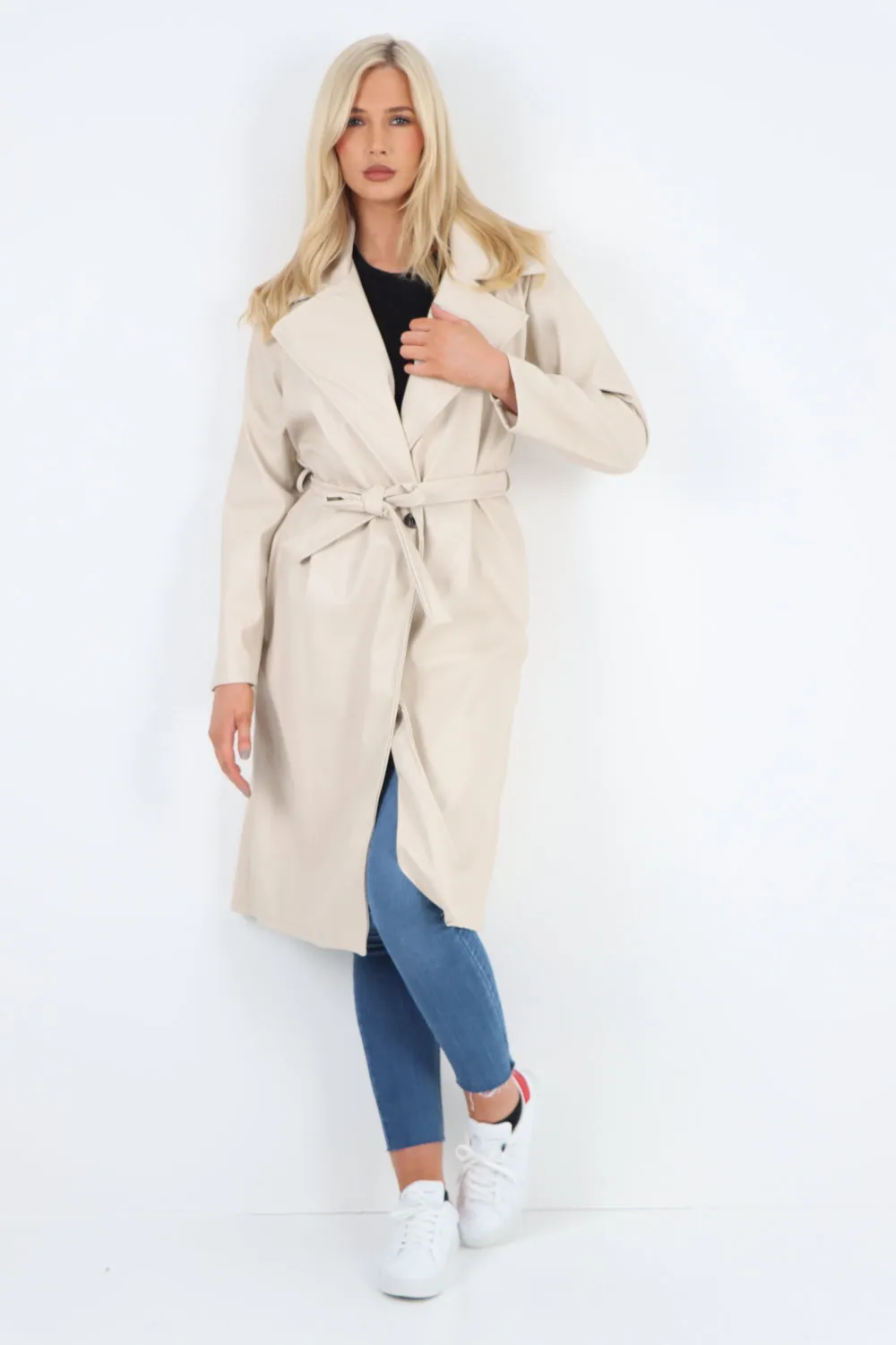 Italian PU Faux Leather Longline Waterfall Jacket Coat