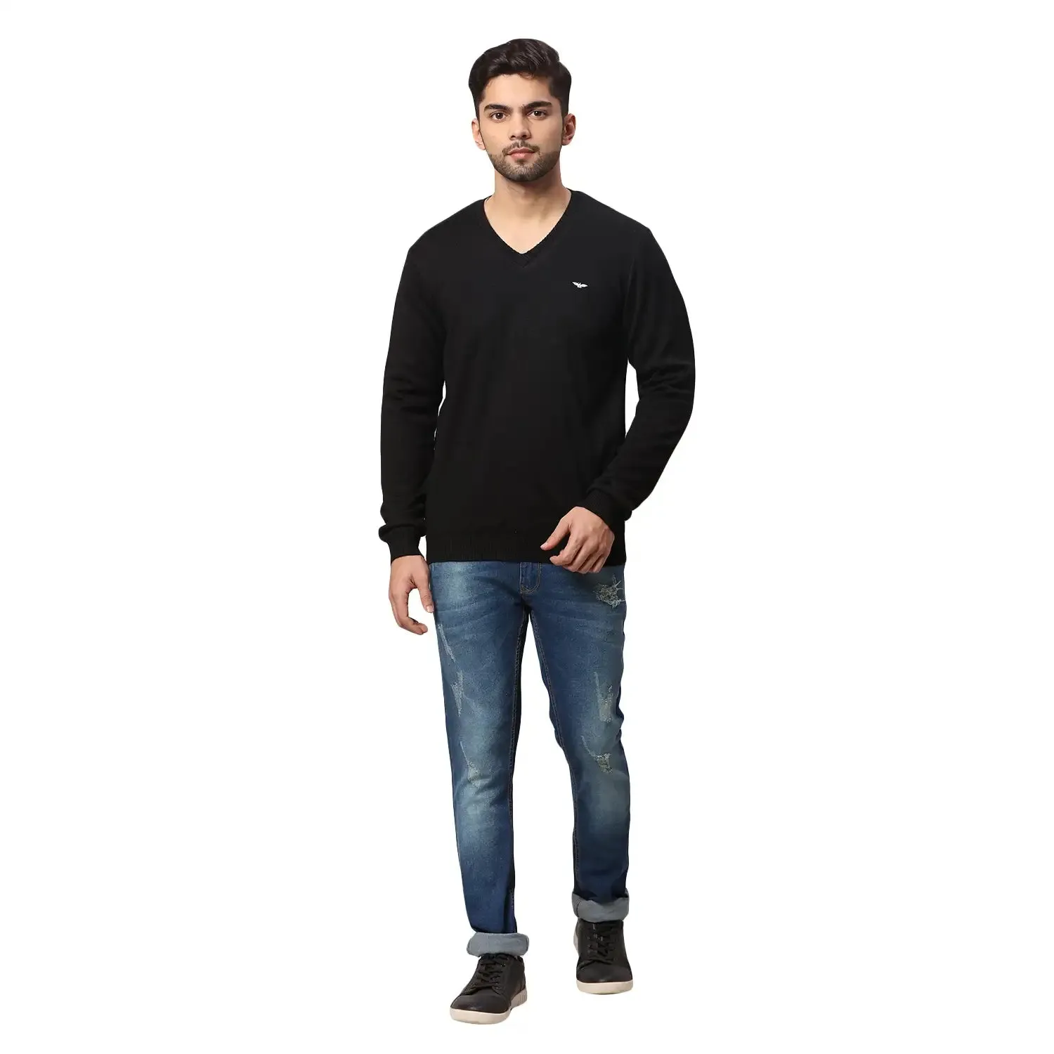 Men Black Regular Fit Solid Acrylic Blend Full Sleeve V Neck Collar Sweaters