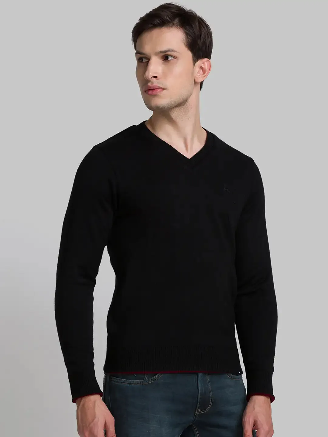 Men Black Solid Acrylic Full Sleeve Sweaters