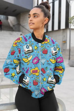 OMG Blue Pop Art All-Over Print Bomber Jacket - Trendy Outerwear for All