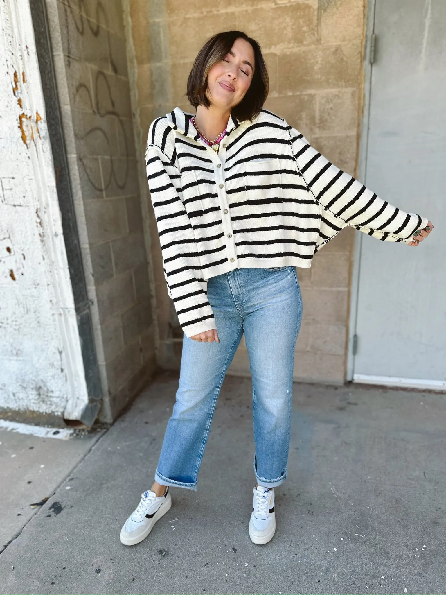 Stripe Pattern Button Front Cardigan | Navy/White