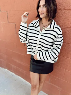 Stripe Pattern Button Front Cardigan | Navy/White
