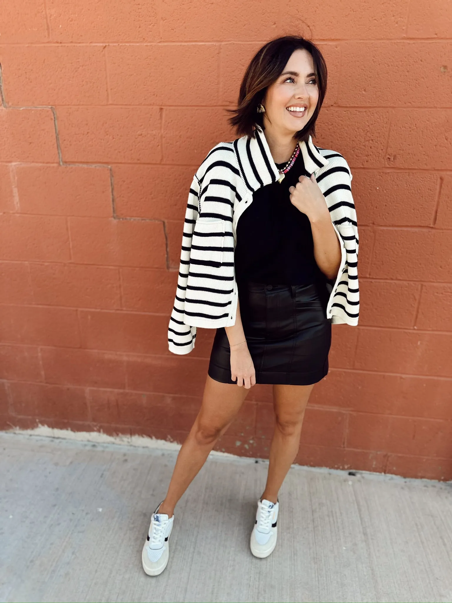 Stripe Pattern Button Front Cardigan | Navy/White