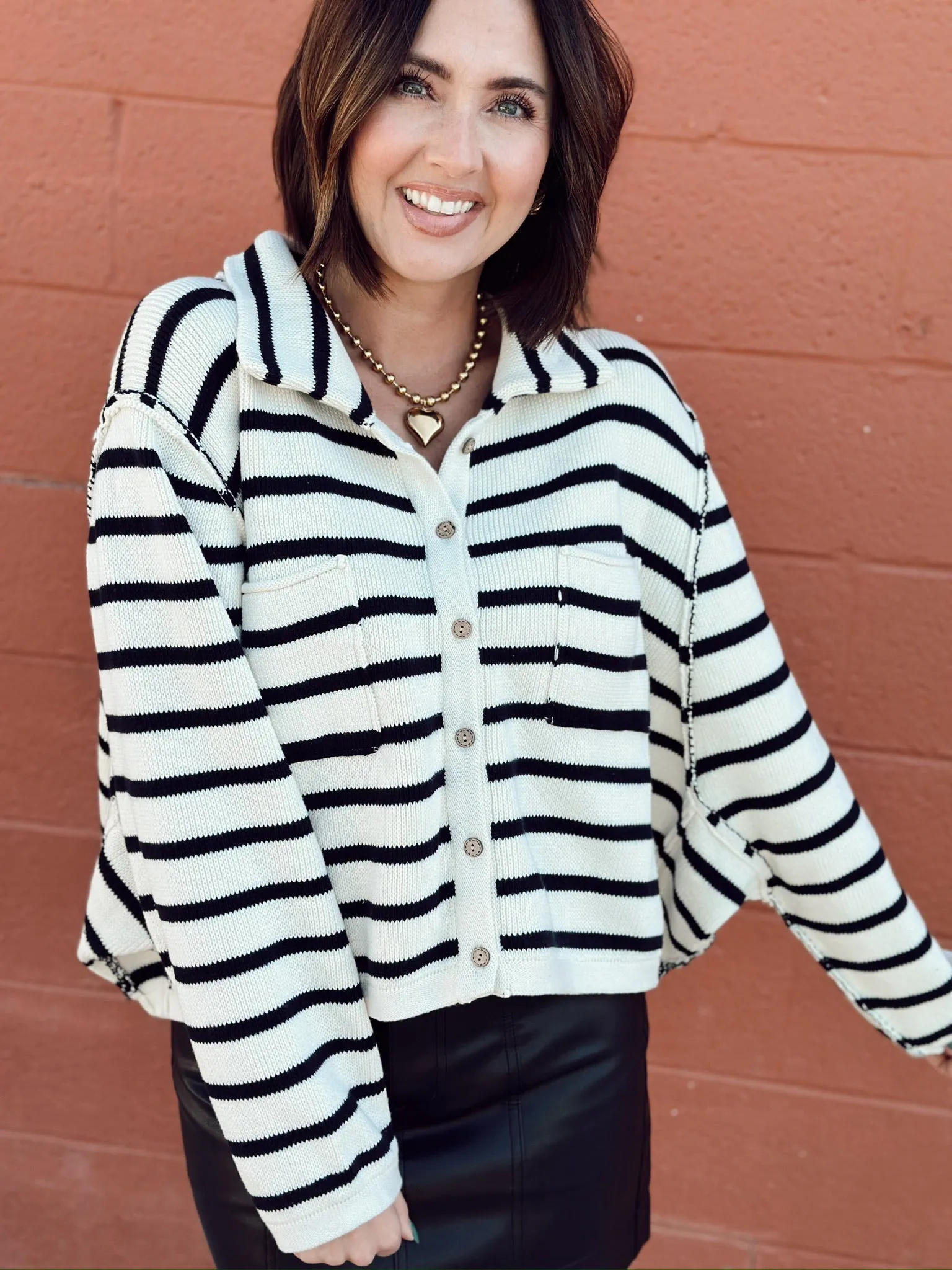 Stripe Pattern Button Front Cardigan | Navy/White