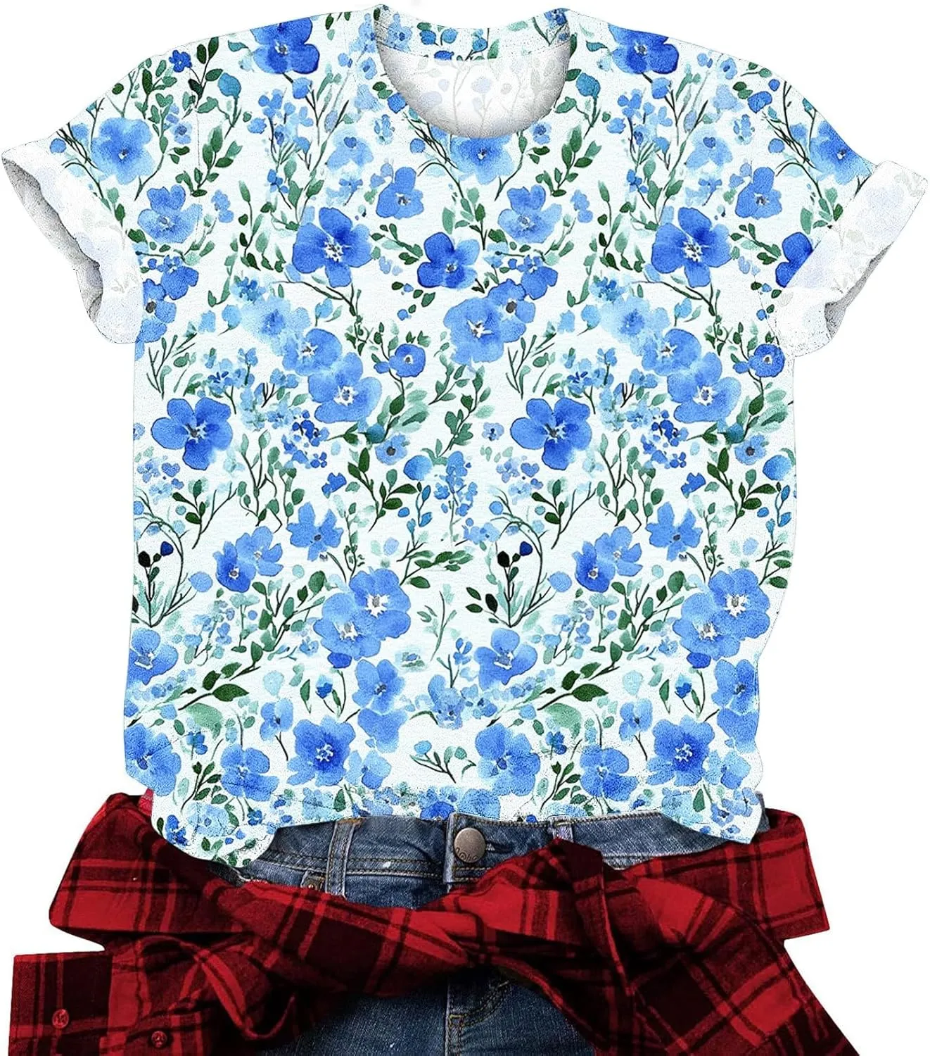 Womens Tops Dressy Casual Short Sleeve Shirts Retro Cute Floral Print Tshirt Tunic Pullover Petite Blouse 2025 Spring
