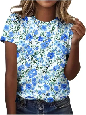 Womens Tops Dressy Casual Short Sleeve Shirts Retro Cute Floral Print Tshirt Tunic Pullover Petite Blouse 2025 Spring