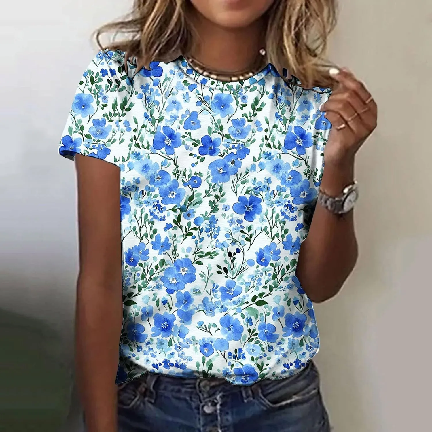Womens Tops Dressy Casual Short Sleeve Shirts Retro Cute Floral Print Tshirt Tunic Pullover Petite Blouse 2025 Spring