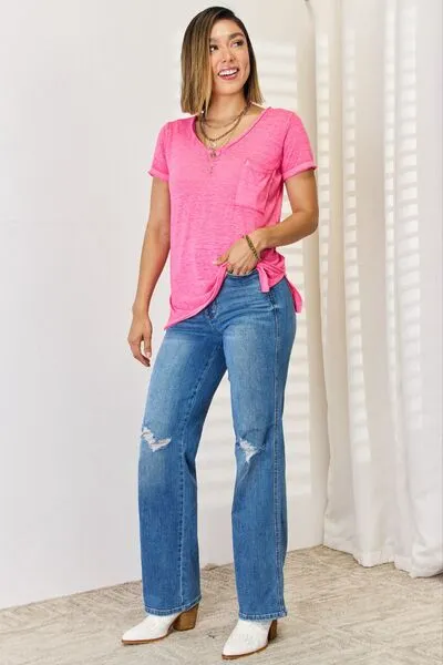 Zenana V-Neck Short Sleeve Slit T-Shirt Fuchsia